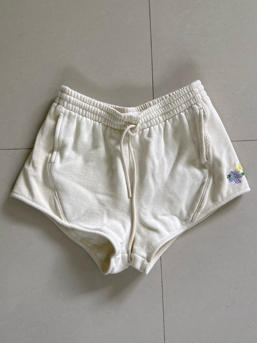 Victoria's Secret PINK Cream Drawstring Shorts with Floral Embroidered Detail